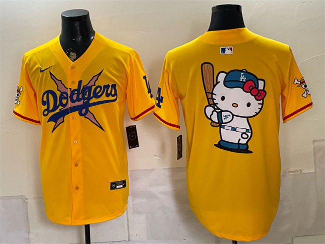 Men's Los Angeles Dodgers x One Piece Team Big Logo Yellow Vapor Premier Limited Stitched Baseball Jersey
